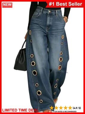High Waist Wide Leg Jeans Polyester Elastane Cutout Casual Streetwear